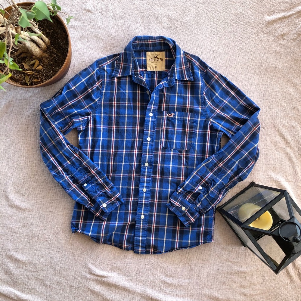 Hollister Men Blue Plaid Shirt Long-sleeve